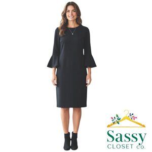 Chico’s Black 3/4 Sleeve Sheath Dress Back Zip Stretch Knit Knee Sz 1 (US M) EUC